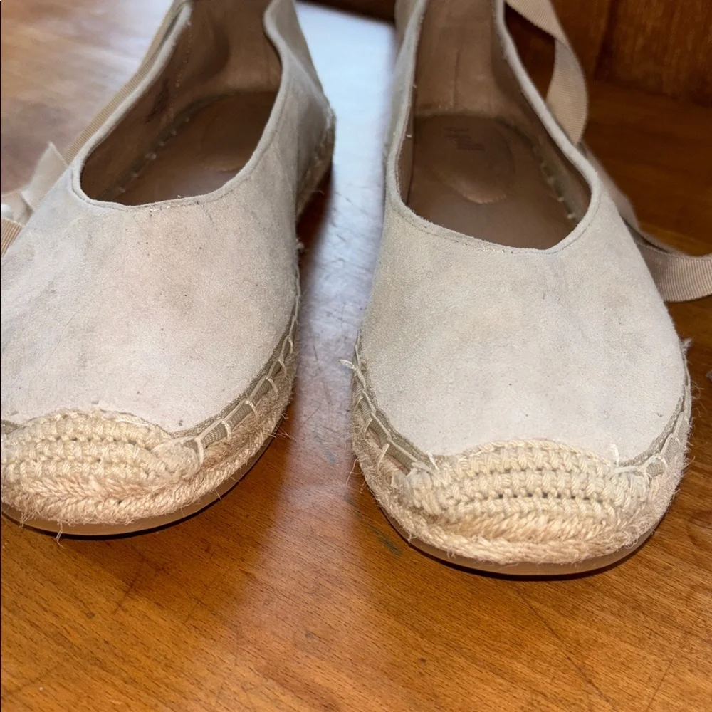 J. Jill Elegant Cream Suede Leather Flat Espadrilles, Ankle Tie Ribbon, NWOT